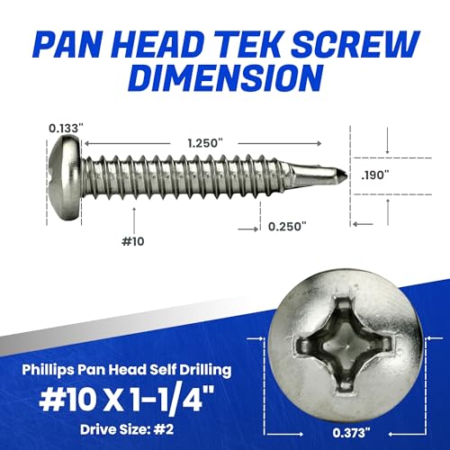 Fastenere Pan Head Self Drilling Tek Screws -#10 x 1-1/4" (50 Pack) Stainless Steel 410, Full Thread, Bright Plain Finish, Corrosion-Resistant, Self-Drilling, Easy to Install w/Phillips Drive Size #2 - size: #10 x 1-1/4" (50 Pack)