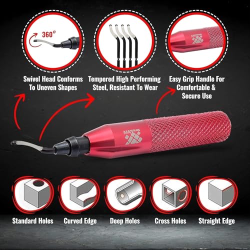 AFA Tooling Deburring Tool Set & 2 Countersink Hand Reamers, Red CNC Handle - style: 2 Reamers & Deburring Tool