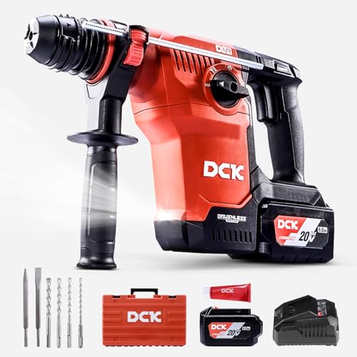 DCK 20V Cordless Battery Powered Rotary Hammer, Brushless SDS Plus Hammer Drill with 3.6J Impact Energy, 6.0Ah Battery, 4 Drill Bits, 2 Chisels for Concrete, Tile, Wood and Metal - style: Rotary Hammer Drill