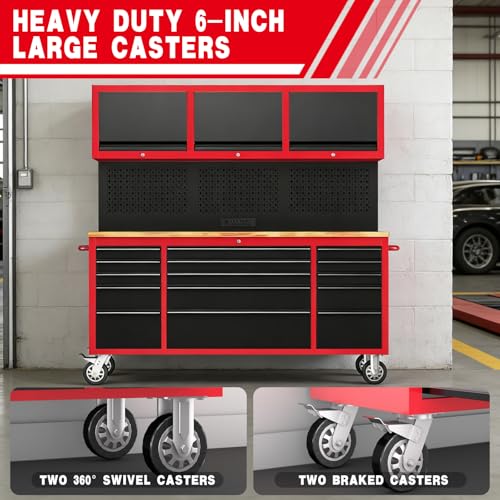 LARBANKE 72" Rolling Tool Chest with 15 Drawers, 1.2" Thick Solid Wood Top - color: Red, size: 15 drawer tool chest and 3 upper cabinet