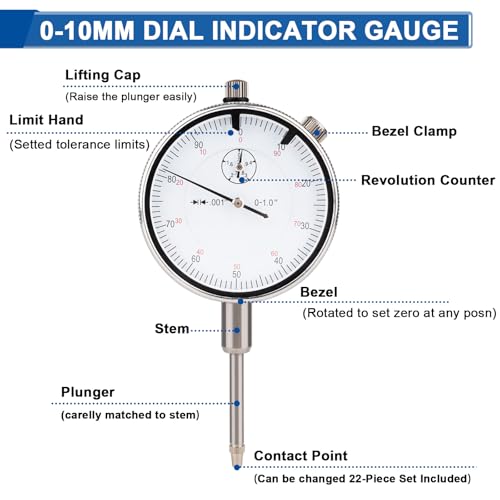 Dial Indicator with Magnetic Base, 0-1"×0.001" Precision Dial Test Indicator Set, Adjustable Long Arm Magnetic Dial Indicator Base Holder for Workshop, Lab & Mold Making