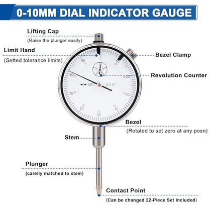 Dial Indicator with Magnetic Base, 0-1"×0.001" Precision Dial Test Indicator Set, Adjustable Long Arm Magnetic Dial Indicator Base Holder for Workshop, Lab & Mold Making