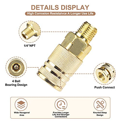 10 Pieces Male Air Coupler Set, 1/4-Inch NPT Thread Quick Connect, Industrial M Style Air Coupler with Brass Finish for Quickly and Safely Disconnect Air Hose