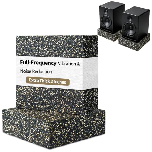 BXI Thick Subwoofer Isolation Pad, 6 X 6 X 2 Inch 2 Pcs Cuttable Full Frequency Dampening Blocks, Non Slip Heavy Duty Speakers Mat Riser, Rubber Cork Anti Vibration Feet for Studio Monitor Turntables