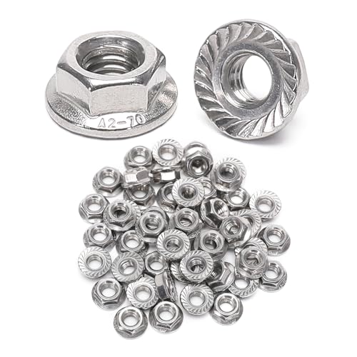 50 Pieces 1/4-20 Flange Nuts, 1/4-20 Serrated Hex Flange Lock Nuts, 304 Stainless Steel,Plain Finish