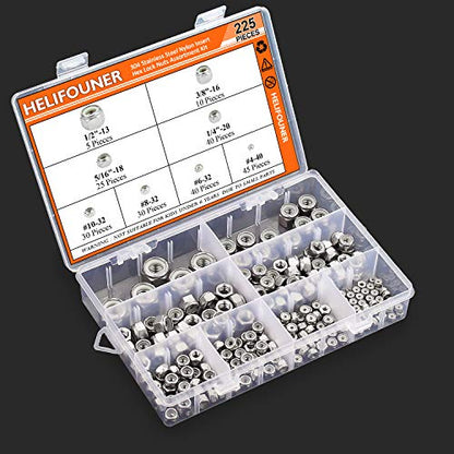HELIFOUNER 225 Pieces 8 Sizes Nylon Insert Hex Lock Nut Assortment Kit, 304 Stainless Steel (#4-40 to 1/2"-13) - size: #4-40 to 1/2"-13 (225 pcs)