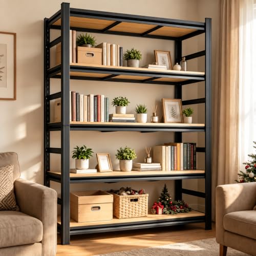 Metal Book Shelf, Adjustable Tall Bookcase, No Assembly Storage Shelves - size: Enhanced-Wood-36.5'Wx 16''Dx 73''H