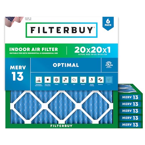 Filterbuy 20x20x1 Air Filter MERV 13 Optimal Smoke & Allergy Defense (6-Pack), Electrostatic Pleated HVAC AC Furnace Filters Replacement, Made in USA (Actual Size: 19.50 x 19.50 x 0.75) - style: 20x20x1