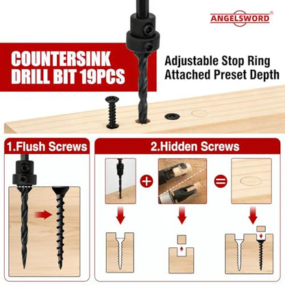 ANGELSWORD Countersink Drill Bit Set for Wood,19pc with Wood Plug Cutter