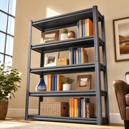 5 Tier Bookshelf Black Metal Book Shelf, Industrial Shelving Unit Storage Rack for Living Room Bedroom Office Kitchen, Heavy Duty Steel Bookcase Shelves Organizer for Books Plants Decor, Free Standing - size: 5Tier-45.3"Wx19.7"Dx63"H