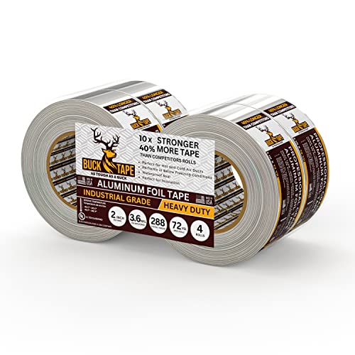 4 Pack Buck Aluminum Foil Tape – 2 Inch x 216ft (72 yd), 3.6 Mil – HVAC Tape for Ductwork, AC, Dryer Vents & Insulation – Silver Foil Tape for Metal Repair, Exhaust Sealing & Air Conditioning - size: 2 Inch, style: 4 Pack