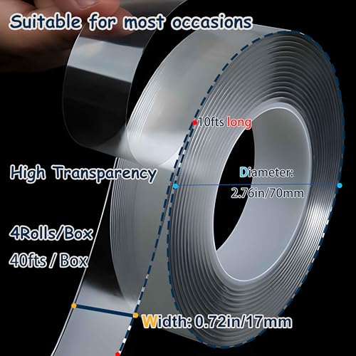 Valley'sYuMiao 4Rolls, Nano Double Sided Mountinging Tape, Adhesive-self Heavy Duty Tape, 2 Sides Sticky Tack Tape, 0.7in×10fts, 40fts Total Long (Pack of 2) - size: 4Rolls, 0.7″,40fts TL (Pack of 2)
