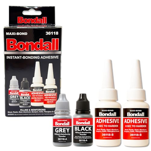 BONDALL Instant Bonding Adhesive Repair Kit, 4PC Set with (2) Super Glue Bottles, Plastic & Metal Reinforcing Powders (Black & Grey), Strong Waterproof Adhesive. (BONDALL - 1 Pack) 36118