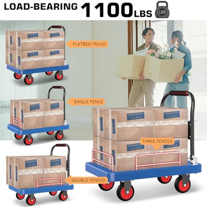 Heavy-Duty Platform Truck Cart with 3 Fence 1100lbs Capacity - color: Blue, size: 28"x19"