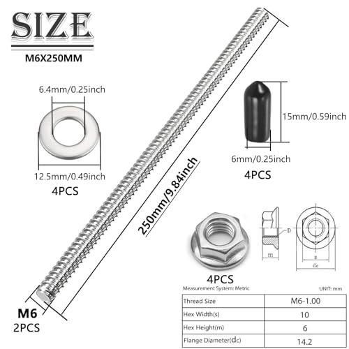 2Pcs M6x250mm Fully Threaded Rod 304 Stainless Steel Long Threaded Screw with Lock Nuts, Flat Washer & Rubber End Caps for Anchor Bolts Clamps Hangers U-Bolts - size: M6x250mm-2PCS