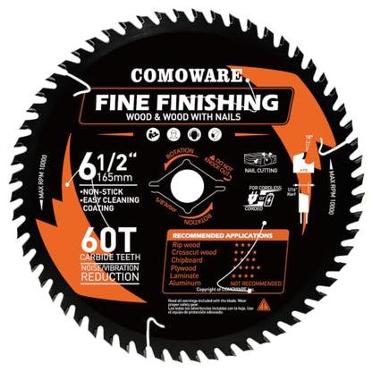 COMOWARE 6 1/2" Circular Saw Blade, 60T ATB, 5/8" Arbor, Miter Saw Blade - size: 6-1/2" 60T