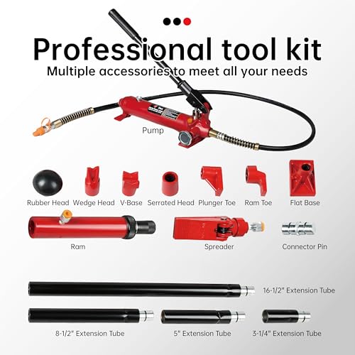 4 Ton (8800 lbs Capacity) Porta Power Jack Hydraulic Ram Auto Body Frame Collision Repair Kit Set, 16-Pcs, with Blow Mold Carrying Case for Cars, Trucks, SUVs & More - size: 4 Ton without gauge