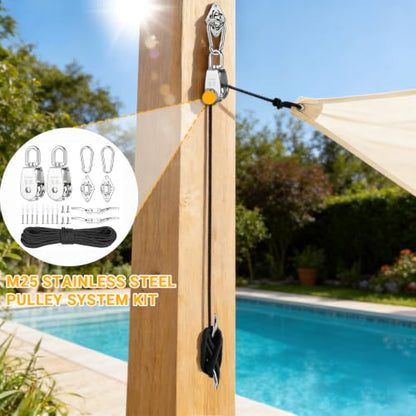 M25 Stainless Steel Pulley System Kit,Pulley Block with Nylon Rope | 2 Pack M25 Heavy Duty Pulleys Wheel with Rope Cleat, Eye Pad Plate and Hooks for Sun Shade Sail, Clothesline - size: 2P-M25