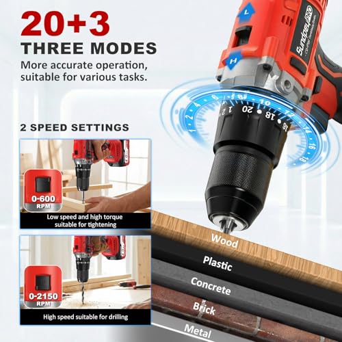 1060In·lbs 21V Brushless Cordless Power Hammer Drill Driver Set - color: Red