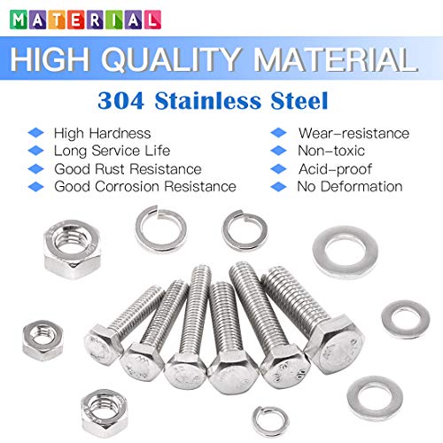 Glarks 510 Pieces Flat Hex Stainless Steel Screws Bolts Nuts Lock and Flat Gasket Washers Assortment Kit