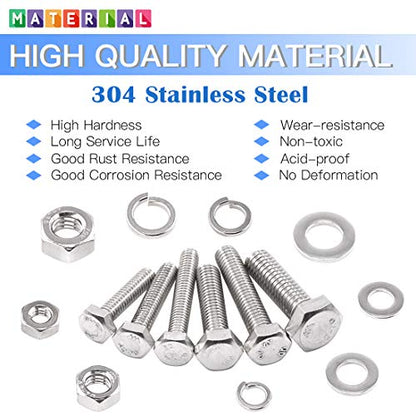 Glarks 510 Pieces Flat Hex Stainless Steel Screws Bolts Nuts Lock and Flat Gasket Washers Assortment Kit