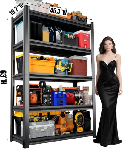 5 Tier Garage Shelving, Metal Heavy Duty Storage Rack, Adjustable Steel Storage Rack for Garage, Warehouse, Workshop, Black (63" H x 45.3" W x 19.7" D) - size: 5-Tier (63"Hx45.3"Wx19.7"D)