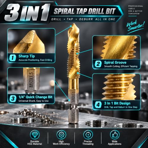 Metric Drill Tap Set, 6-Piece Titanium HSS Hex Shank Bits