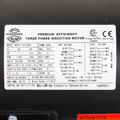 1 HP 3 Phase 56C Frame Electric Motor 1800 RPM TEFC