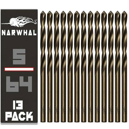 Narwhal 5/64 Inch Cobalt Drill Bits (13 Pack - Industrial Grade M35 Cobalt) 1-7/8" Length & 135 Degree Split Point for Drilling Into Metal, Hardened & Stainless Steel, Cast Iron, & More! - size: 5/64 in
