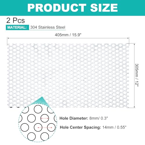 PATIKIL 15.9" x 12" 304 Stainless Steel Perforated Sheet, 2Pcs 0.3" Round Hole 20GA Expanded Metal Mesh Plate Screen Decorative Meshes for Ventilation Grill - size: 15.9" x 12"