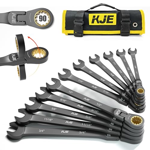 KJE 90-Teeth SAE 180° Flex-Head Ratcheting Wrench Set, Cr-V Steel, 11-Piece SAE 1/4"-3/4" Combination Wrenches set, Nickel Plating, with Organizer Bag, for Auto, Machine Repair, Gift - size: 11PCS SAE 6.35 - 19.05 mm