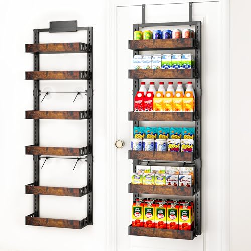 BUKFEN 6-Tier Over the Door Pantry Organizer, Adjustable Basket Spice Rack - color: Black pole wood color, size: 6 Tier
