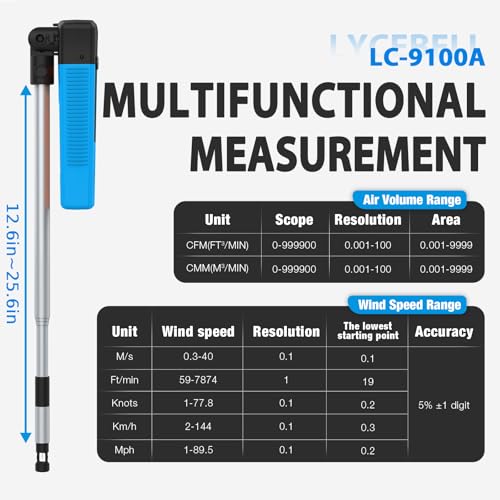 Hot Wire Anemometer Handheld CFM Meter with Bluetooth APP, Telescopic Probe