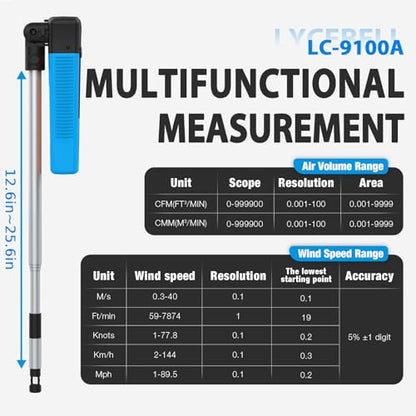 Hot Wire Anemometer Handheld CFM Meter with Bluetooth APP, Telescopic Probe