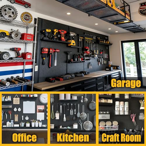 Spampur Peg Board, 4 Pack Metal Black Pegboard Panels with 50 Hooks - color: Black, size: 16x12"- 4 Pcs