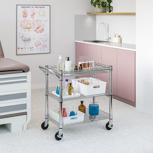 Seville Classics UltraDurable NSF Commercial Heavy Duty Metal Rolling Utility Cart, Handle Bar for Restaurant, Garage, Warehouse, Kitchen, Office, Deep Top Basket (34.8"W x 18.25"D) - color: Steel, size: 34.8" W x 18.25" D