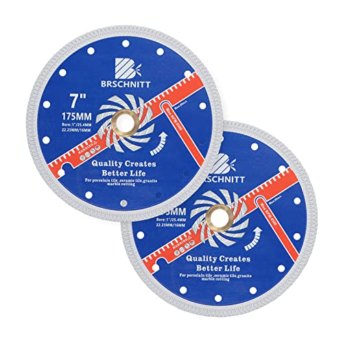 Super Thin Diamond Porcelain Saw Blade with X Teeth,BRSCHNITT 2pcs 7 Inch (175mm) x Arbor 1"-7/8"-5/8" Angle Grinder Diamond Cutting Disc for Dry/Wet Cutting Porcelain Tile Ceramic Marble Granite - size: 175mm(7")