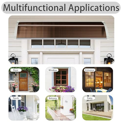 58.5x35 Inch Patio Window Awning Shade, Polycarbonate Door Entrance Canopy Cover Protection for Sunshine & Rain, Tea with White Edge - color: White + Tea