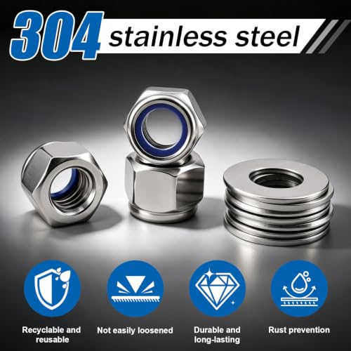 M6-1.0 Lock Nut 350Pcs Stainless Steel Nylock Locking Nuts with Washer - size: locknuts-M6 350pcs