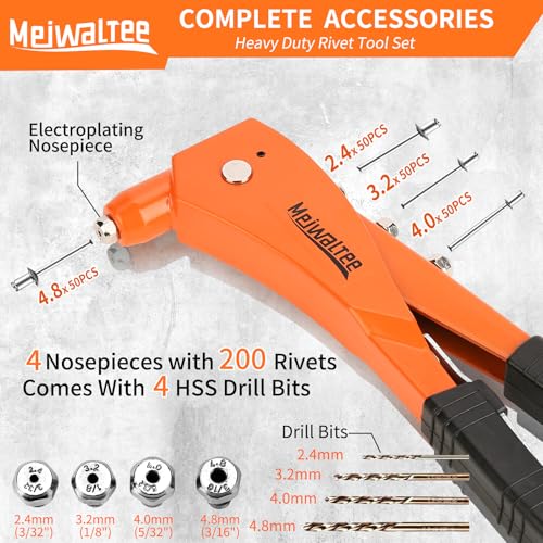 Rivet Gun with 200PCS Rivets and 4 Drill Bits, Professional Aluminum Alloy Riveter, Heavy Duty Pop Manual Riveting Tool with 4 Interchangeable Heads for Metal, Wood and Plastic - size: Aluminum Alloy Riveter With 200PCS Rivets