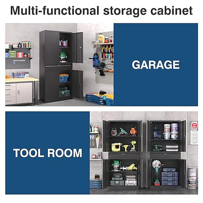 Metal Garage Storage Cabinet with Lock, Tool Cabnets with 1 Drawer - color: Black, size: 71"H x 32"W x 16"D-W