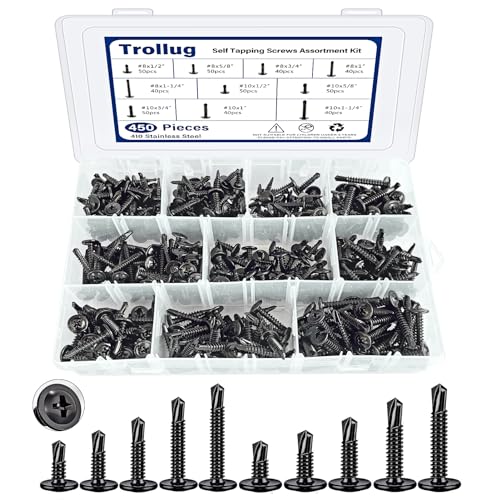 450PCS Self Tapping Screws for Metal, 410 Stainless Steel Self Drilling Screws #8#10 Truss Head Sheet Metal Screws Assortment Kits, Length 1/2"" to 1-1/4'' (Black) - color: Black