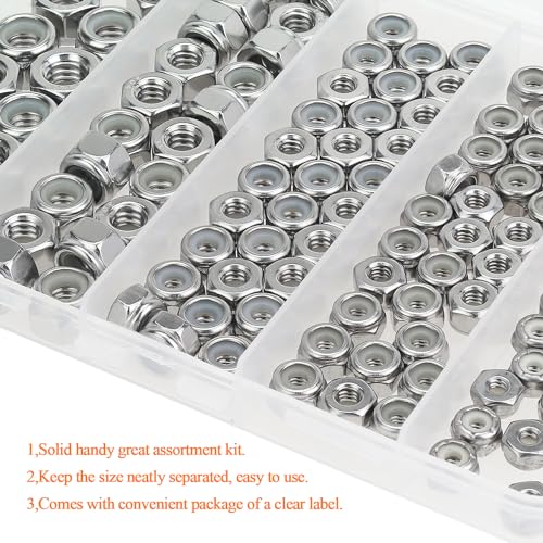 #6-32#8-32#10-24 1/4"-20 5/16"-18 Lock Nuts, HELIFOUNER 124 Pieces 5 Sizes Nylon Insert Hex Lock Nuts Assortment Kit, 304 Stainless Steel (18-8) Locknuts, Coarse Thread - size: #6-32 to 5/16"-18 (124 pcs)