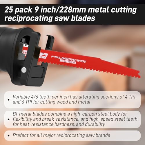 50 Pack 9 Inch 4/6 Tpi Reciprocating Saw Blades Bi-Metal with Coating Stud and Reciprocating Saw Blades for Cutting Embedded Wood Metals PVC Pallets etc - size: 9in 50Pack, style: 4/6 Tpi