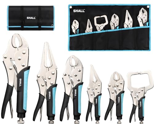 SHALL 6-Piece Locking Pliers, Vice Grips Pliers Set, 5",7" & 10" Curved Jaw Locking Pliers, 6-1/2" & 9-1/2 Long Nose Locking Pliers, 6" Locking C-Clamp, Two-Color TPR Handle, Roll Up Pouch Included