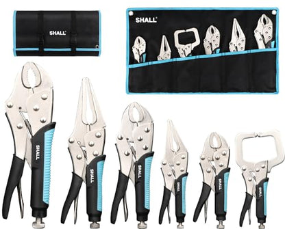 SHALL 6-Piece Locking Pliers, Vice Grips Pliers Set, 5",7" & 10" Curved Jaw Locking Pliers, 6-1/2" & 9-1/2 Long Nose Locking Pliers, 6" Locking C-Clamp, Two-Color TPR Handle, Roll Up Pouch Included