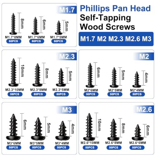 Taiss 888PCS M1.7 M2 M2.3 M2.6 M3 Phillips Pan Head Self Tapping Wood Screws Assortment Kit,15 Sizes Self Tapping Screws for Plastic,Cross Recessed Carbon Steel Black Screw for Wood,Plastic - size: 888PCS