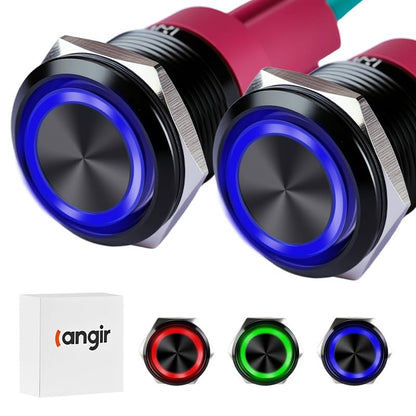 15Amp Latching Push Botton Switch 2PCS,16mm(0.63”) 12V-24V Black Shell AC/DC IP67 Waterproof with Blue LED Angel Eye Light On and Off with Wire Socket. - color: Blue, size: 16mm