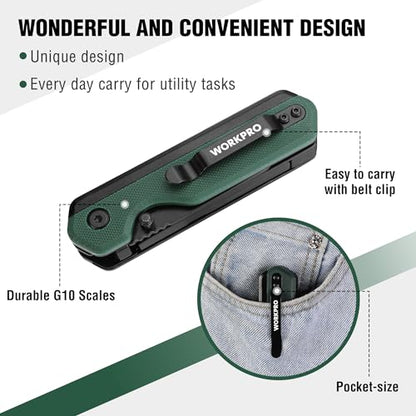 WORKPRO 2-in-1 Folding Knife/Utility Knife, Quick-Change Box Cutter with Belt Clip, Liner Lock, and G10 Handle, Extra 10 SK5 Blades Included, Green - color: Green G10