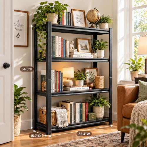 Metal Book Shelf, Adjustable Tall Bookcase, No Assembly Storage Shelves - size: 4Tier-35.4"Wx 15.7"Dx 54.3"H